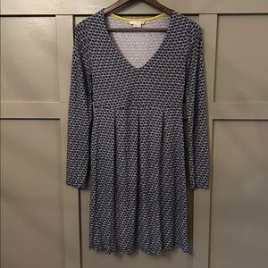 Boden Hattie Jersey Dress Long Sleeve V-Neck Navy Blue White Size 8 Long